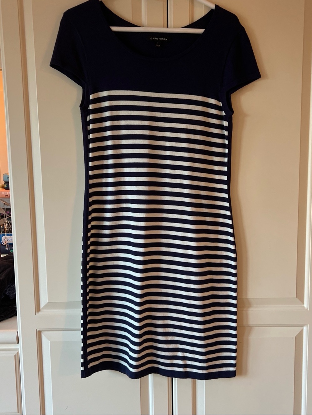 41 Hawthorn Navy and White Striped Short-Sleeve Midi Dress